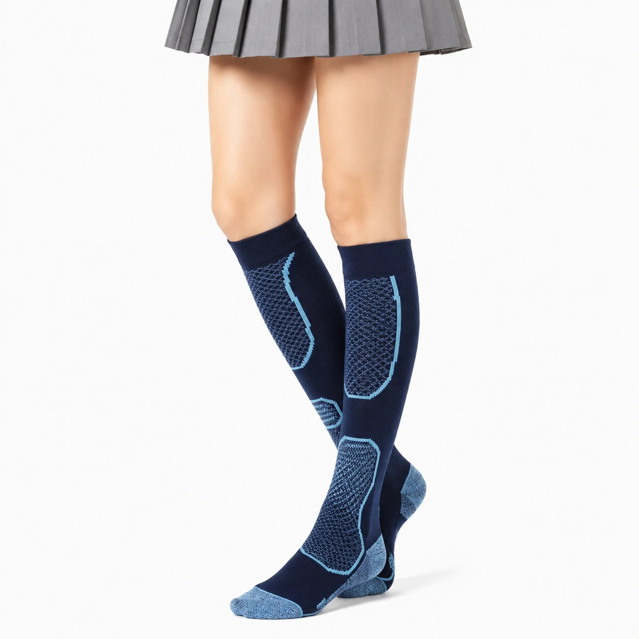 Calze sportive al ginocchio 35-38 in tessuto elasticizzato blu navy e azzurro traspiranti