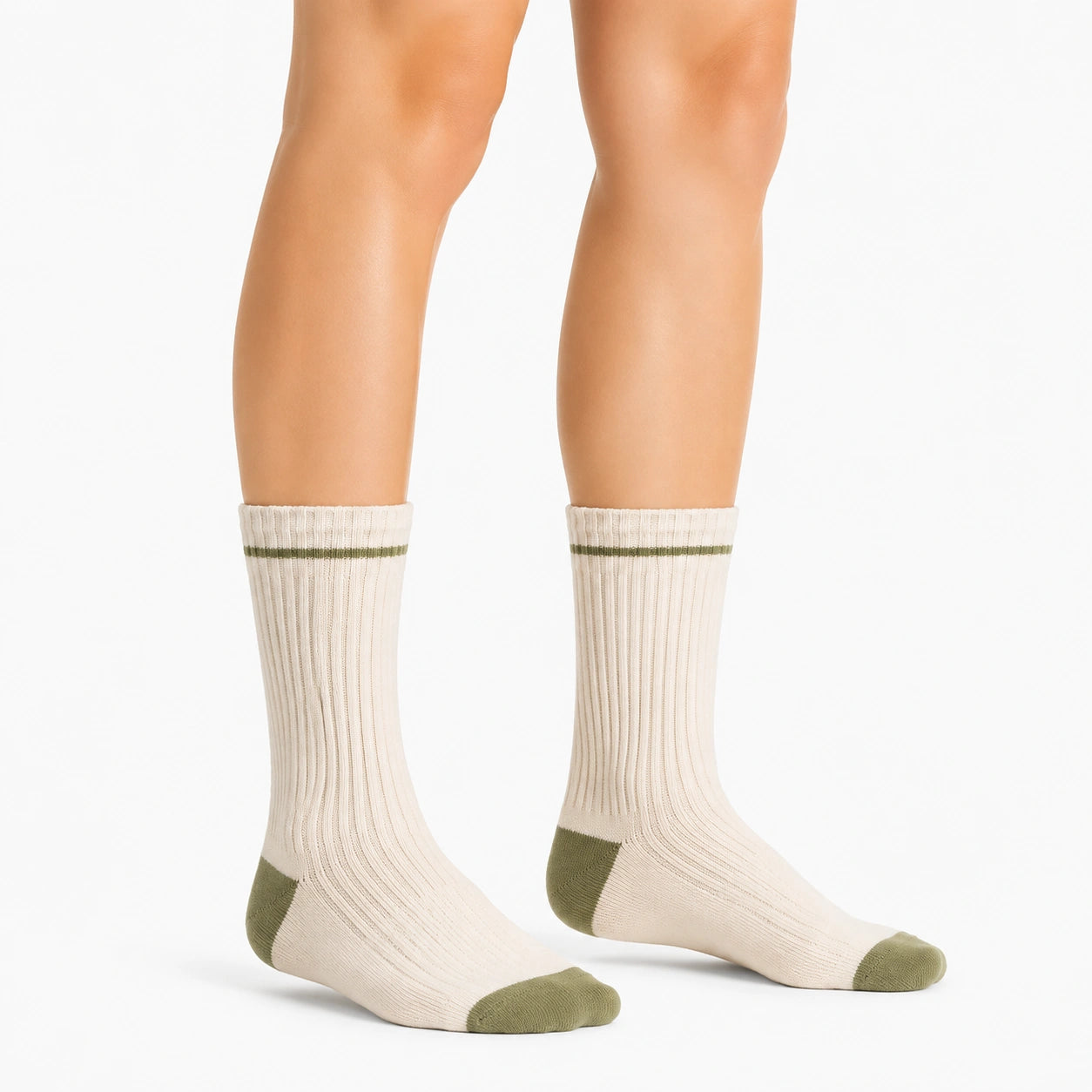 Calze a coste 35-38 in maglia beige e verde oliva stile sportivo