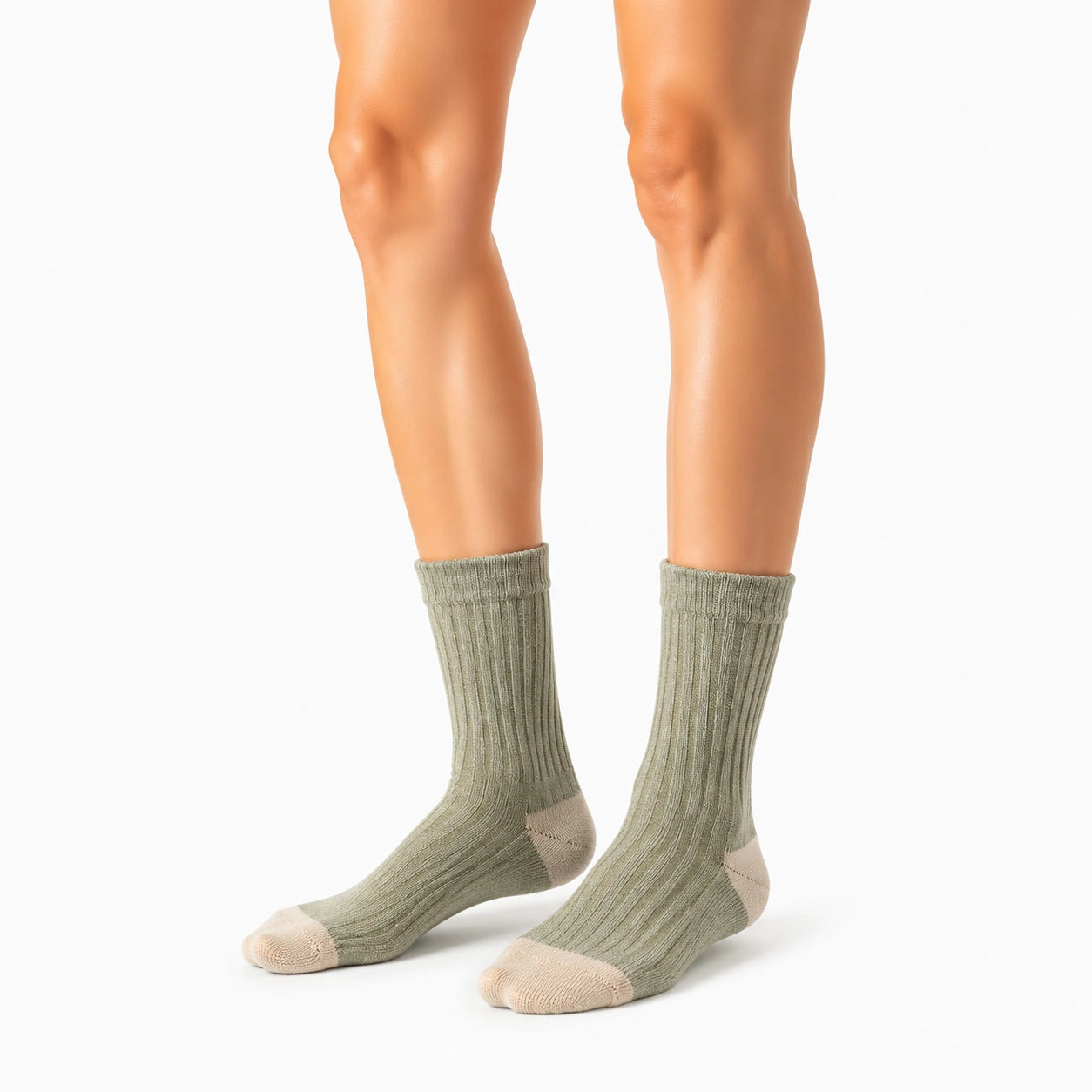 Calze a coste 39-42 verde salvia e beige - maglia a metà polpaccio