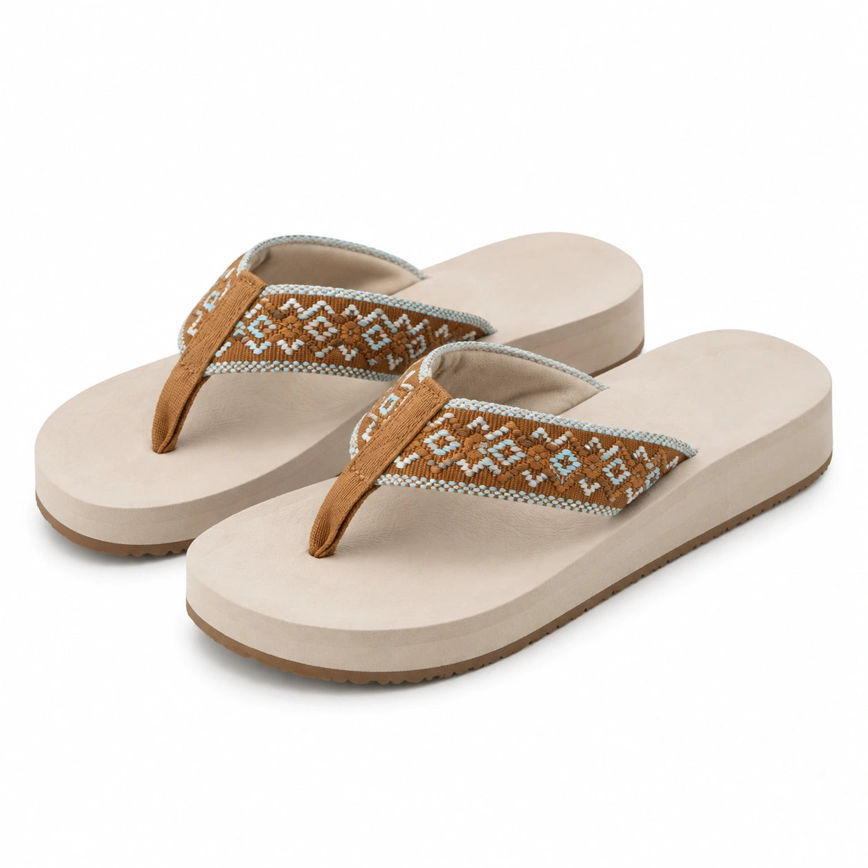 Infradito con zeppa 42/43 in materiale sintetico beige e marrone con fascia tessile ricamata
