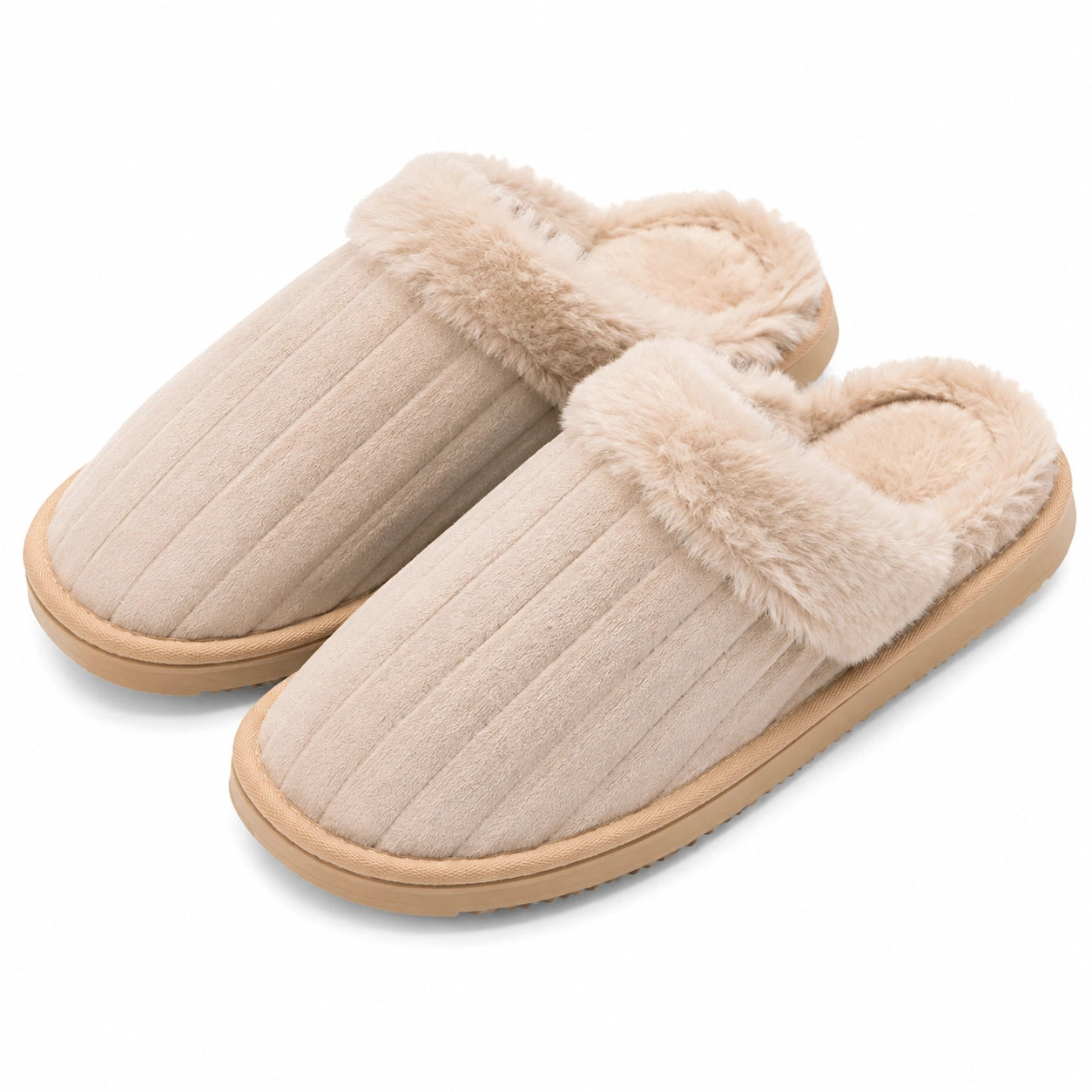 Pantofole da casa 42/43 in tessuto beige con bordo in pelliccia sintetica suola antiscivolo